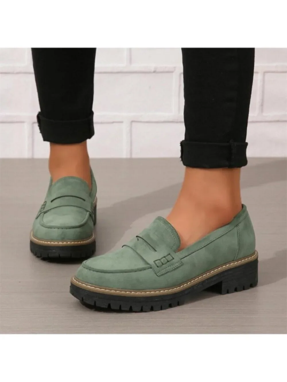 Womens Green Suede Lug Sole Slip On Business Chunky Platform Penny Loafers Shoes